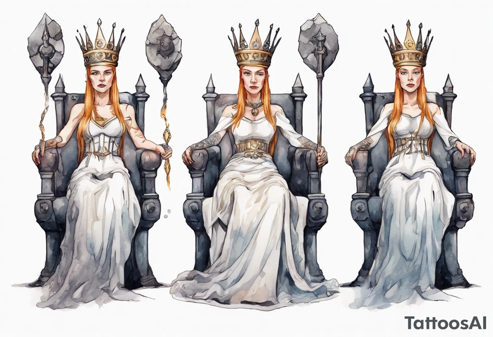 a Germanic queen wearing a simple iron crown sitting on a stone throne tattoo idea