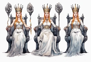 a Germanic queen wearing a simple iron crown sitting on a stone throne tattoo idea