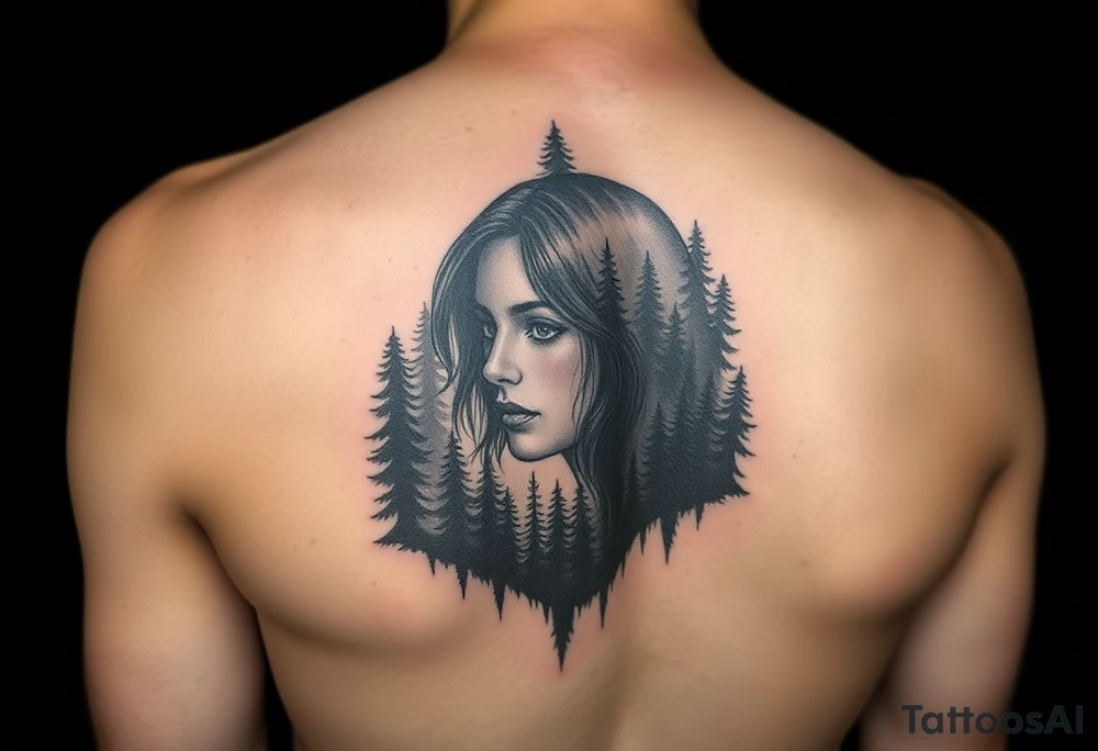 An upper arm tattoo of a women's face framed in a jagged forest in the style of Ryan Ashley Malarkey with the lyrics, "The face behind the silhouette, In this world I made to be infinite,
But within the expanse, I finally see
A world without you isn't meant for me", from the band Lorna Shore with their dark forest imagery and aesthetics. tattoo idea
