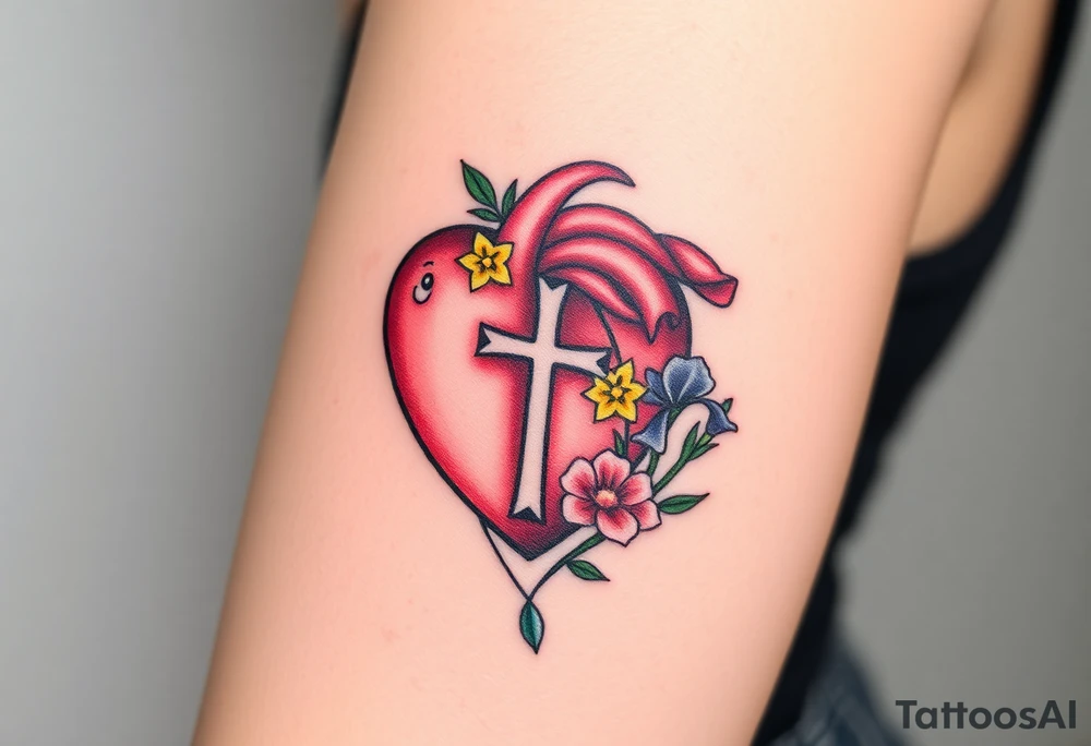 tattoo with heart
: one side representing death and the other life. (from death to life) with a simple cross down the middle. The life side I'd like the following flowers growing out of it: Morning Glory, Lily of the Valley, Daffodil, Rose, Poppy, and Iris tattoo idea