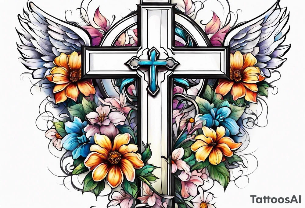 Flowers around a cross with angel wings tattoo idea