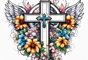 Flowers around a cross with angel wings tattoo idea