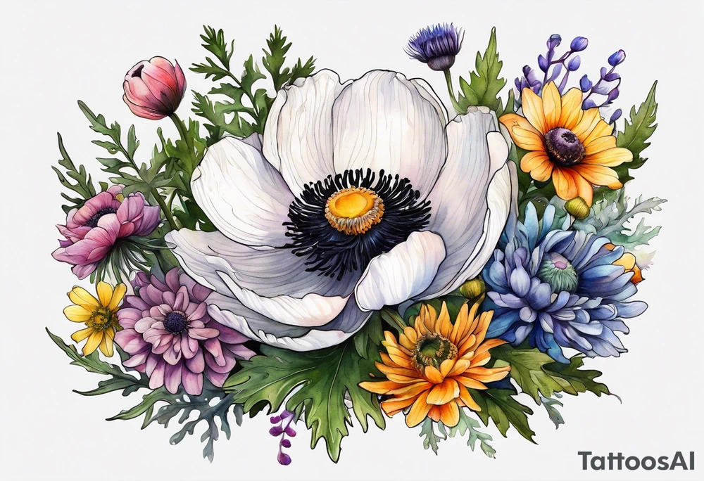 a white anemone with black center with equal sized mixed colorful wildflowers all with different shapes including thistles, ferns, ranuculus, and sun flowers all in watercolor tattoo idea