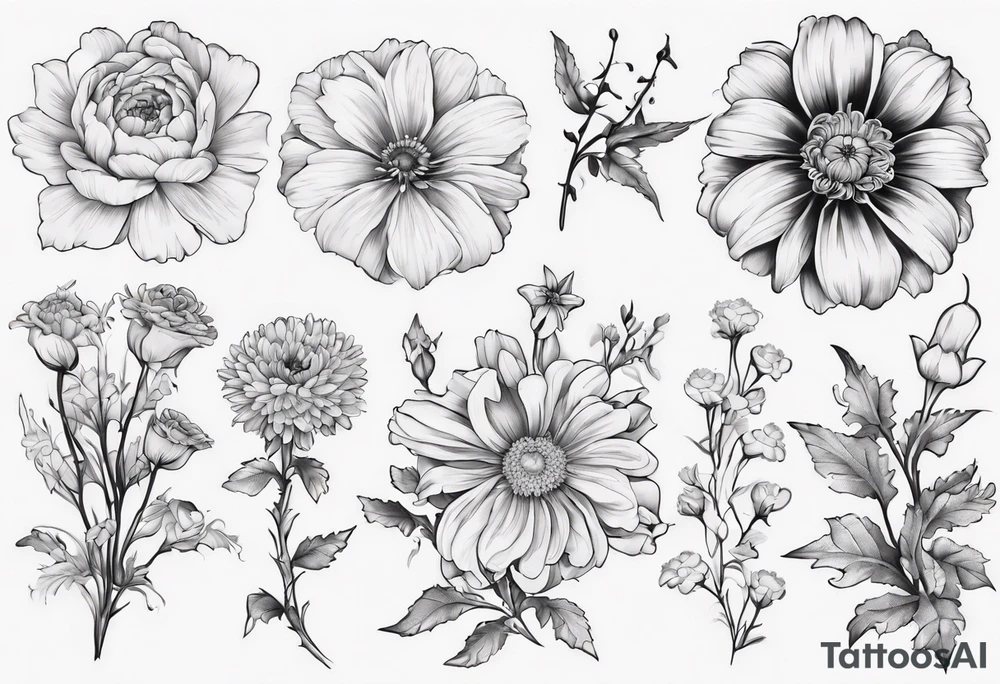 a sleeve tattoo of Marigold flowers, Cosmos flowers, Chrysanthemum flowers, Narcissus flowers, Holly flowers, roses and honeysuckles. tattoo idea