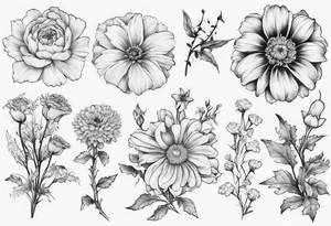 a sleeve tattoo of Marigold flowers, Cosmos flowers, Chrysanthemum flowers, Narcissus flowers, Holly flowers, roses and honeysuckles. tattoo idea