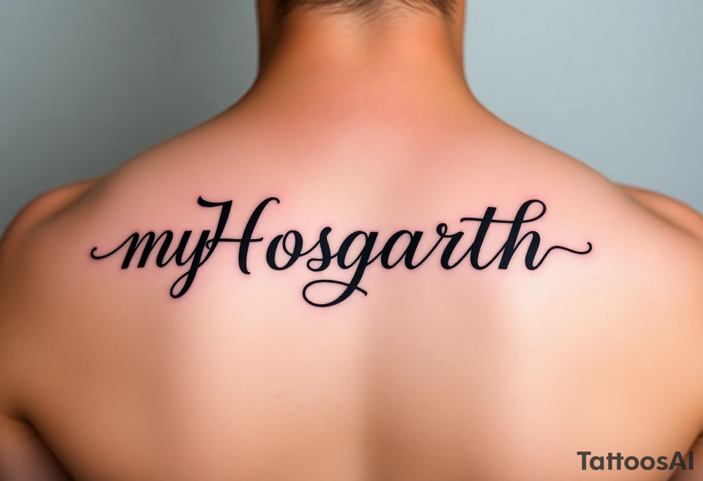 my last name (Hogarth) in calligraphy style lettering thin with like cursive writing in the middle of my back at the top just under my neck tattoo idea