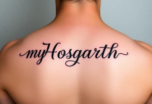 my last name (Hogarth) in calligraphy style lettering thin with like cursive writing in the middle of my back at the top just under my neck tattoo idea