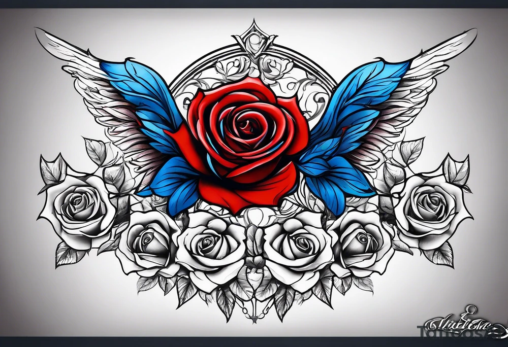 Colored blue and red roses angel tattoo idea