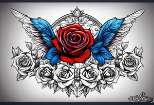 Colored blue and red roses angel tattoo idea