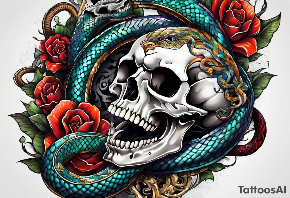 skull and snake with open mouth 4 colors tattoo idea
