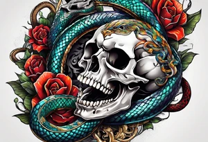skull and snake with open mouth 4 colors tattoo idea
