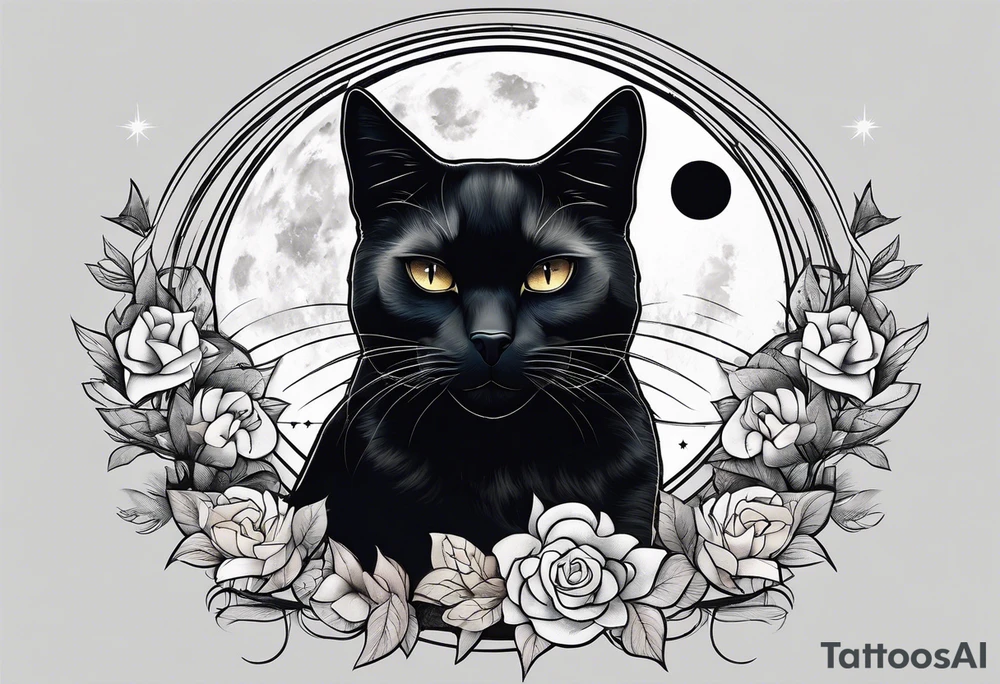 Photo realistic black cat head with moon and stars tattoo idea