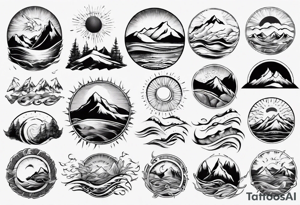 sleeve, mountains, waves, sun tattoo idea