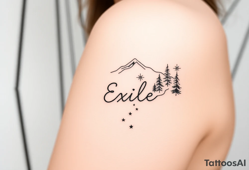 A path in the woods with mountains in the background. The word "Exile" blended in the drawing tattoo idea