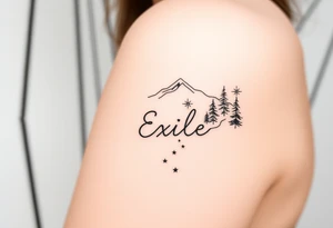 A path in the woods with mountains in the background. The word "Exile" blended in the drawing tattoo idea