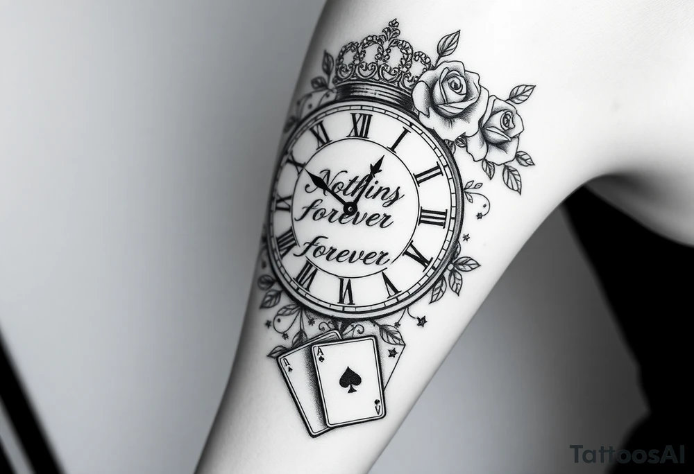 Roman clock with roses and a crown, a quote that says nothings forever. and on the bottom a deck of cards tattoo idea
