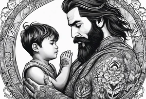 mindful father with long hair and a beard performing transition ritual with young boy tattoo idea