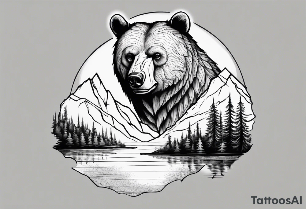 bear head right above the forest line with a lake below, full sleeve tattoo tattoo idea