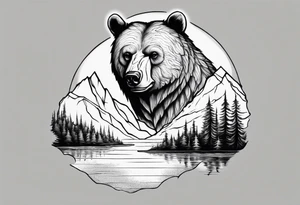 bear head right above the forest line with a lake below, full sleeve tattoo tattoo idea
