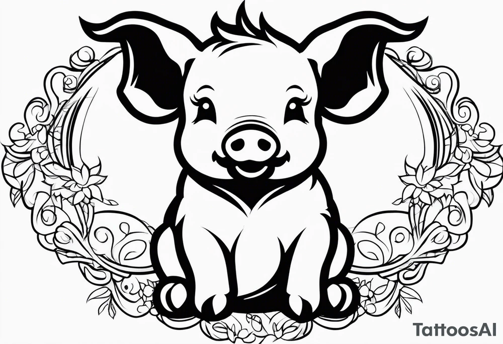 very cute happy piglet with small ears.
outline only.
black and white only.
only show the piglet. no extra lines or decoration.
no black shading.
draw only with very thin lines (1px)

should look like a tattoo that will only take 2 minutes to draw tattoo idea