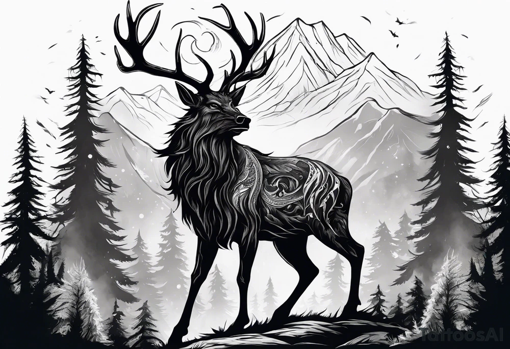 A SCARY lore accurate wendigo surrounded by a forest fire in background tattoo idea