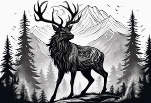 A SCARY lore accurate wendigo surrounded by a forest fire in background tattoo idea