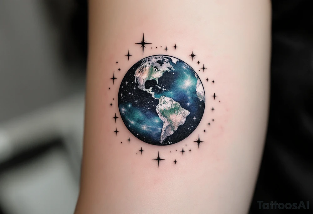 An Earth viewed from space in deep sapphire and viridian is surrounded by a black ink starfield. tattoo idea