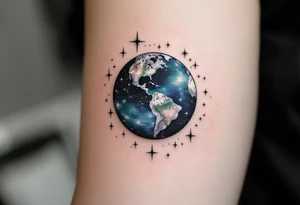 An Earth viewed from space in deep sapphire and viridian is surrounded by a black ink starfield. tattoo idea