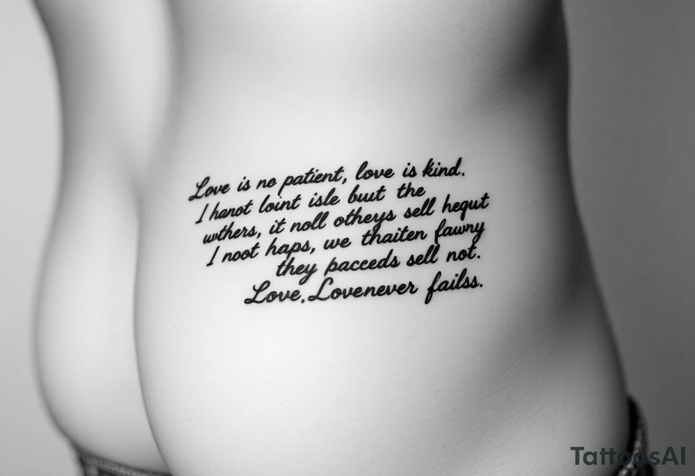 A handwritten tattoo above a man's right hip that takes up about 1/2 of his waist without coming close to his navel that reads,
Love is patient, love is kind. It does not envy, it does not boast, 
it is not proud. It does not dishonor others, it is not self-seeking, 
it is not quick to anger, it keeps no record of wrongs.
Love does not delight in evil but rejoices with the truth. 
It always protects, always trusts, always hopes, always perseveres.
Love never fails.


8 Love never fails." tattoo idea