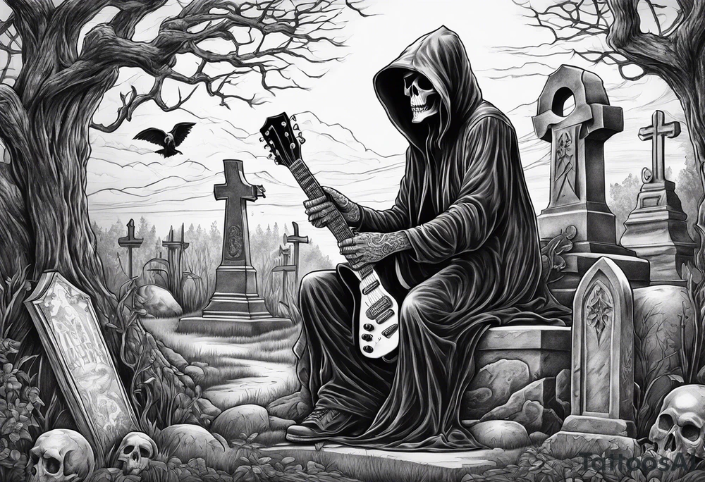 Grim Reaper playing guitar in a graveyard tattoo idea