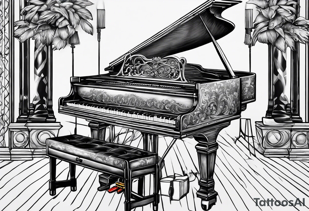 just the keys of a piano with drum sticks tattoo idea