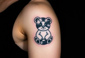 minimalist teddy bear with vinyl records as eyes smiling and sitting on a record yer tattoo idea