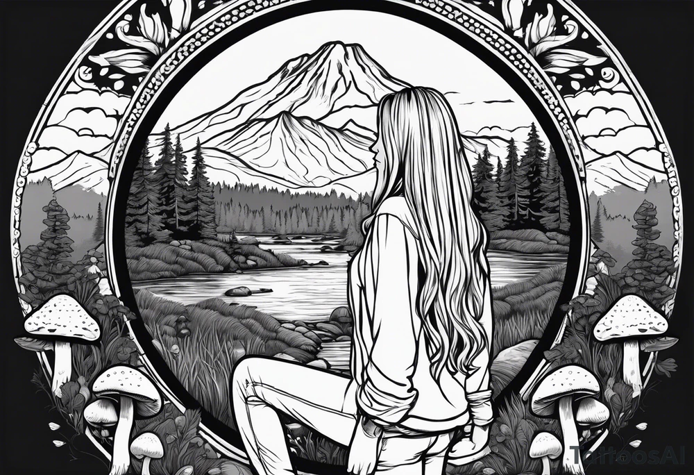 Whole picture encircled fully

Straight long blonde hair hippie girl in distance holding mushrooms in hand facing away toward mountains and creek surrounded by mushrooms long sleeve shirt and hiking pants; whole rendering within a full circle, no cut off circle tattoo idea
