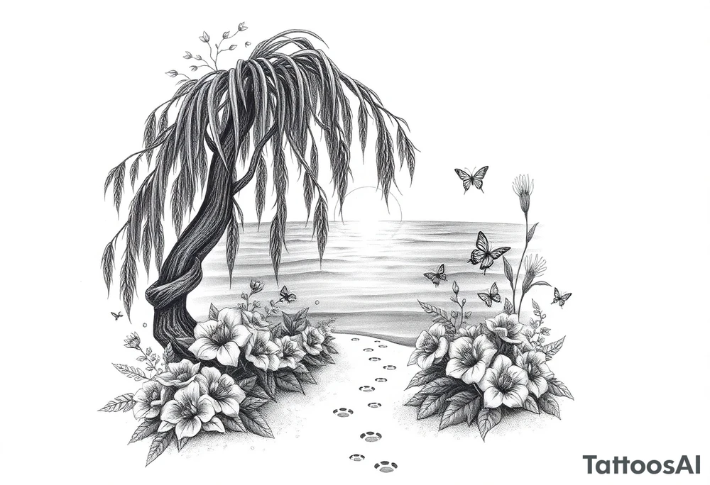 Sunset galaxy. Dark Ocean.  weeping willow garden with roses and lilies flower beds, fairies, mermiads, dragons butterflies,  cat paw prints path in dirt. tattoo idea