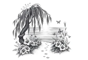 Sunset galaxy. Dark Ocean.  weeping willow garden with roses and lilies flower beds, fairies, mermiads, dragons butterflies,  cat paw prints path in dirt. tattoo idea