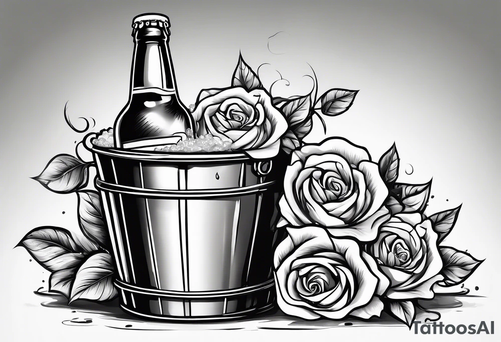 A bottle of beer and a stalk of rose in the bucket tattoo idea