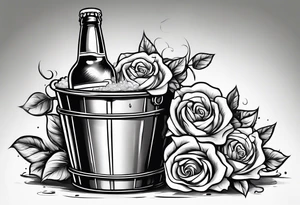 A bottle of beer and a stalk of rose in the bucket tattoo idea