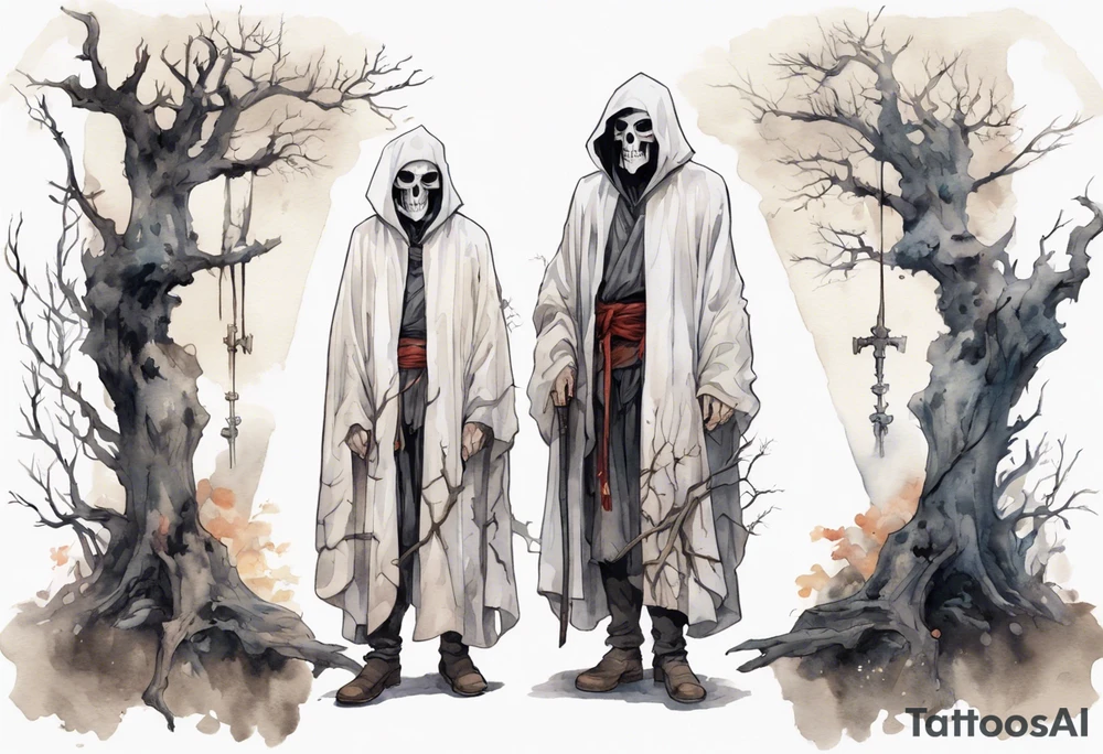 a thin medieval man in a white cloak wearing a skull mask, standing alone in a gloomy place with dead trees tattoo idea