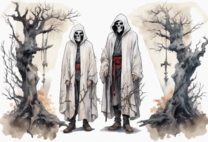 a thin medieval man in a white cloak wearing a skull mask, standing alone in a gloomy place with dead trees tattoo idea