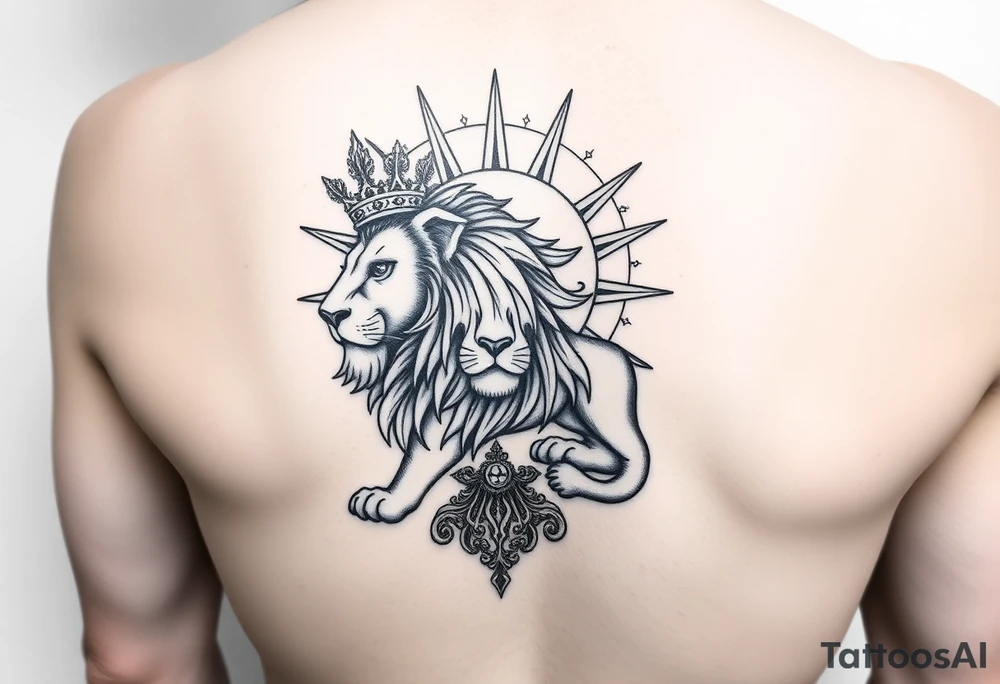 A majestic Persian lion with a radiant sun behind it, inspired by the ancient 'Lion and Sun' emblem of Iran. The lion wears a regal Persian crown, symbolizing power and sovereignty. The design elegantly incorporates the 'Faravahar' symbol, blending its wings and spiritual elements into the composition. The artwork is intricate, with fine ornamental Persian patterns, evoking a historical yet modern tattoo style. The atmosphere is grand, with a bold blackwork and neo-traditional tattoo aesthetic." tattoo idea
