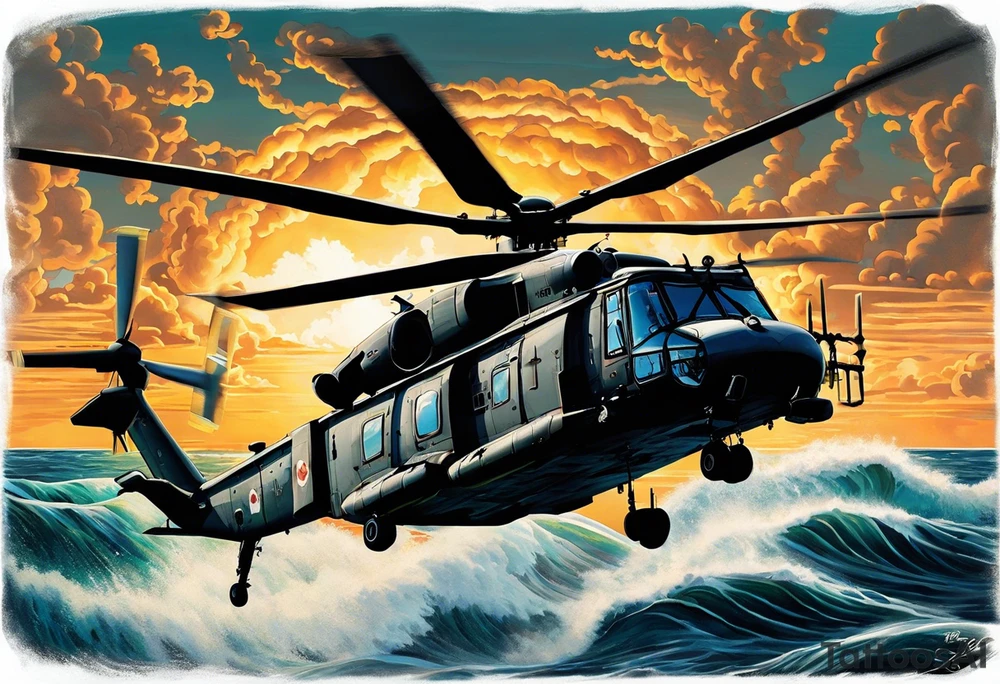 A cinematic-style tattoo depicting a Canadian military CH-148 Cyclone helicopter performing a daring maneuver over a turbulent ocean. The sky should be filled with dramatic clouds, and the sun should be setting, casting long shadows. The helicopter should be the main focus, with intricate details and a sense of motion. In the background, a poppy should be prominently displayed, and a quote from 'Lest We Forget' should be included, black and white tattoo tattoo idea