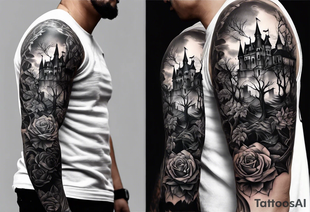 tattoo fool sleeve, destroyed dark gothic castle, tree roots break out of the chains, roses tattoo idea