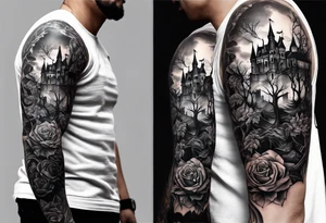 tattoo fool sleeve, destroyed dark gothic castle, tree roots break out of the chains, roses tattoo idea