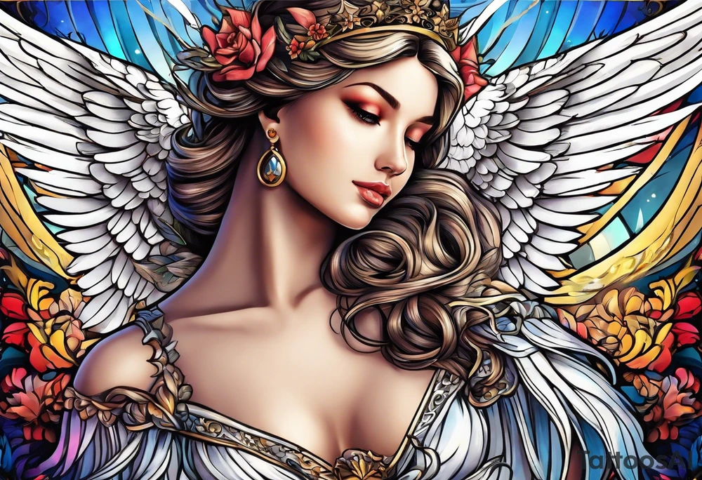 beautiful angel wings. with flilgree in the background tattoo idea