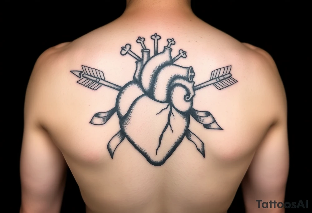 anatomical heart pierced by ornate arrow with flowing ribbons tattoo idea