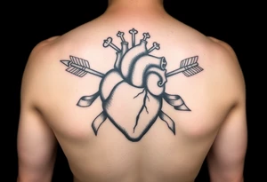 anatomical heart pierced by ornate arrow with flowing ribbons tattoo idea