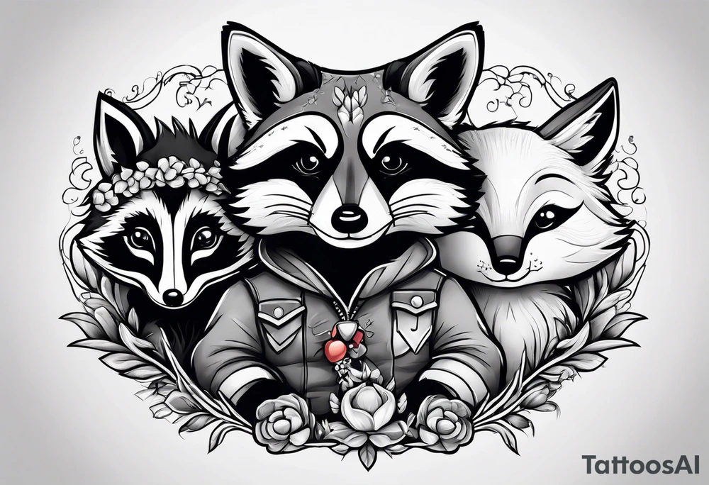 Raccoon and fox stuffed animals playing together tattoo idea