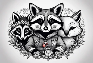 Raccoon and fox stuffed animals playing together tattoo idea