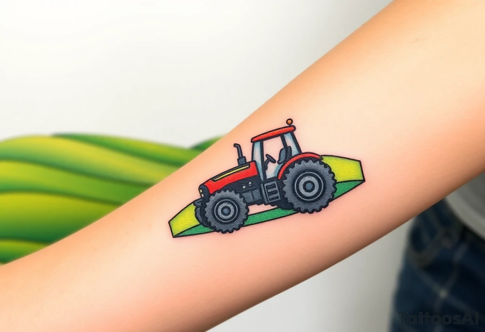 A tractor surrounded by rolling green hills, tractor is under a bright blue sky with white fluffy clouds tattoo idea