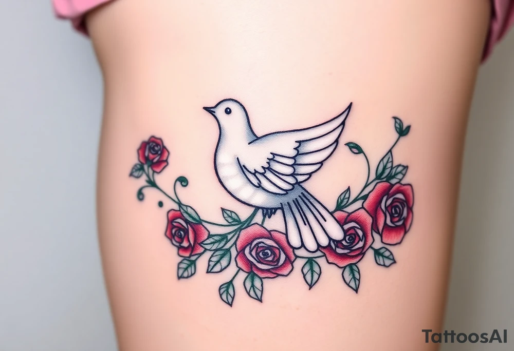 A collared dove surrounded by swirling vines and roses, with the dove in light gray and soft white, and the vines in green with hints of deep red for the roses tattoo idea